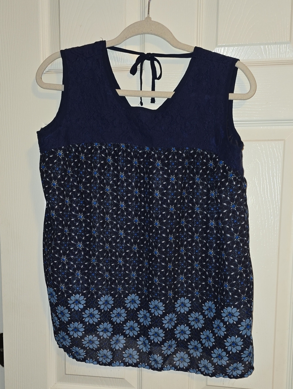 Navy Floral Sleeveless V-Neck Tank Top with Tie Back